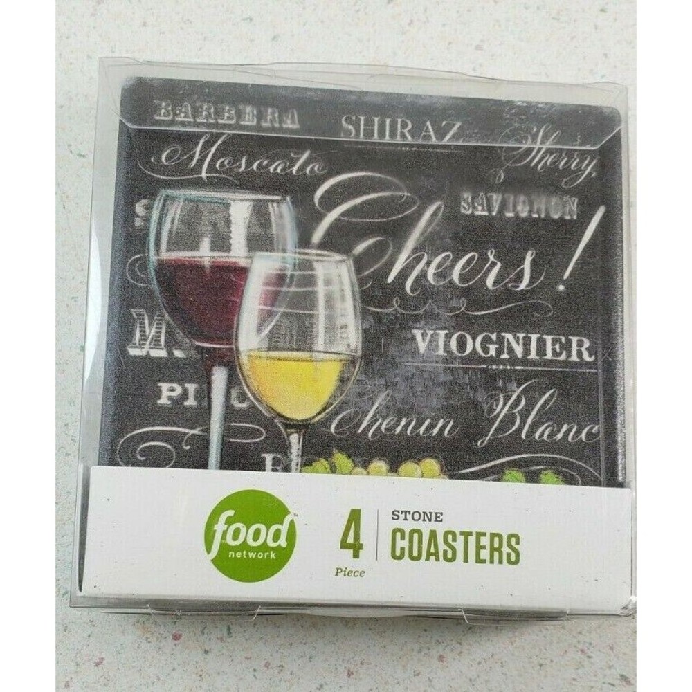 Food Network 4 Piece Stone Coasters Cork Backing Wine Glass With Wine Names NEW